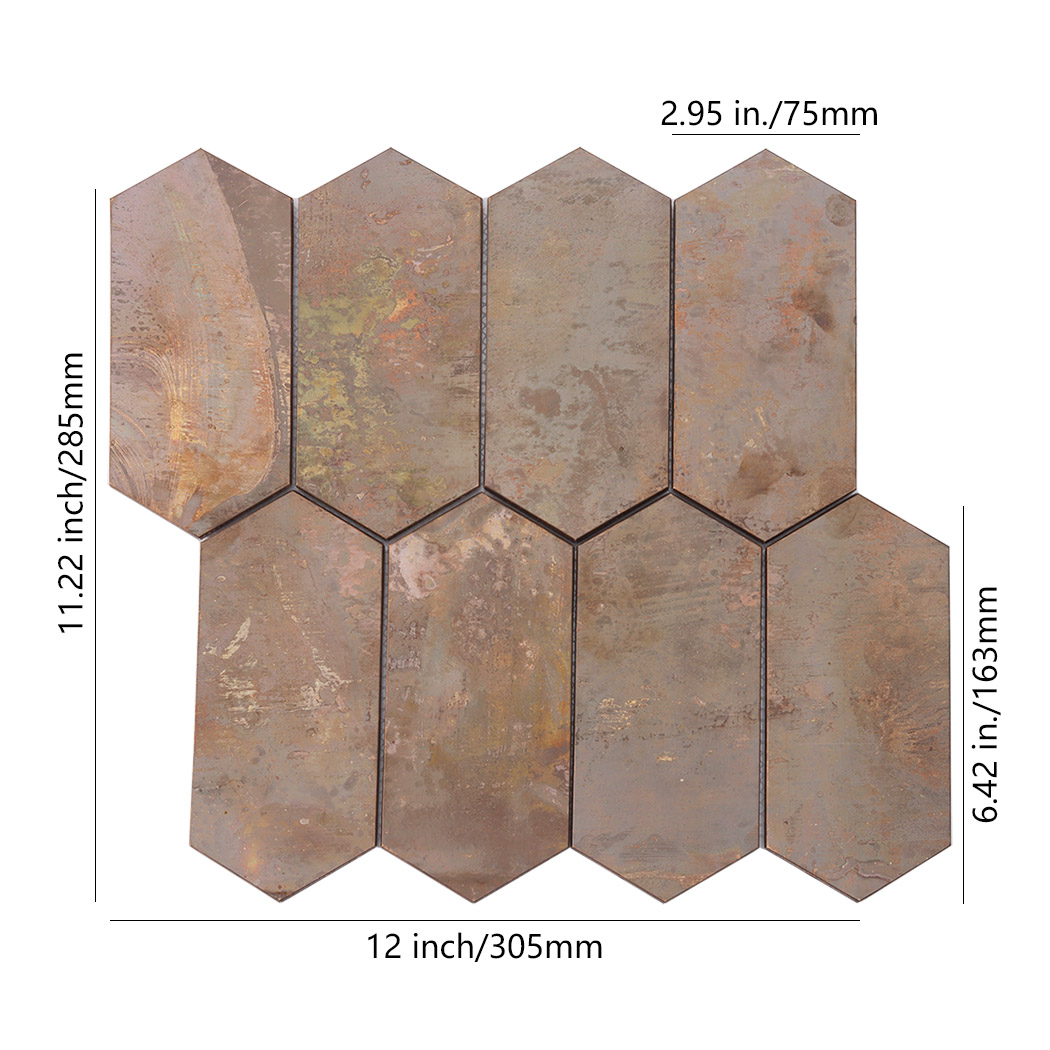 Rusted copper elongated hexagon mosaic sheet front view with size markings