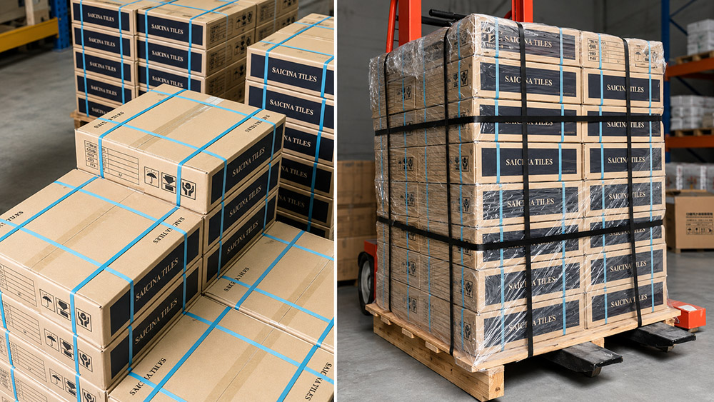 SAICINA TILES cartons and wrapped mosaic tile pallets prepared for shipping