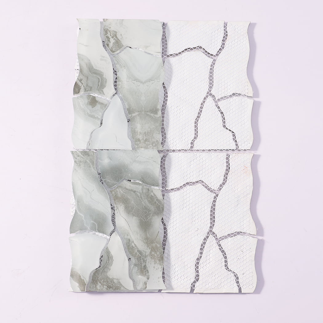 Back view of sage green white irregular glass mosaic tile sheet with mesh backing