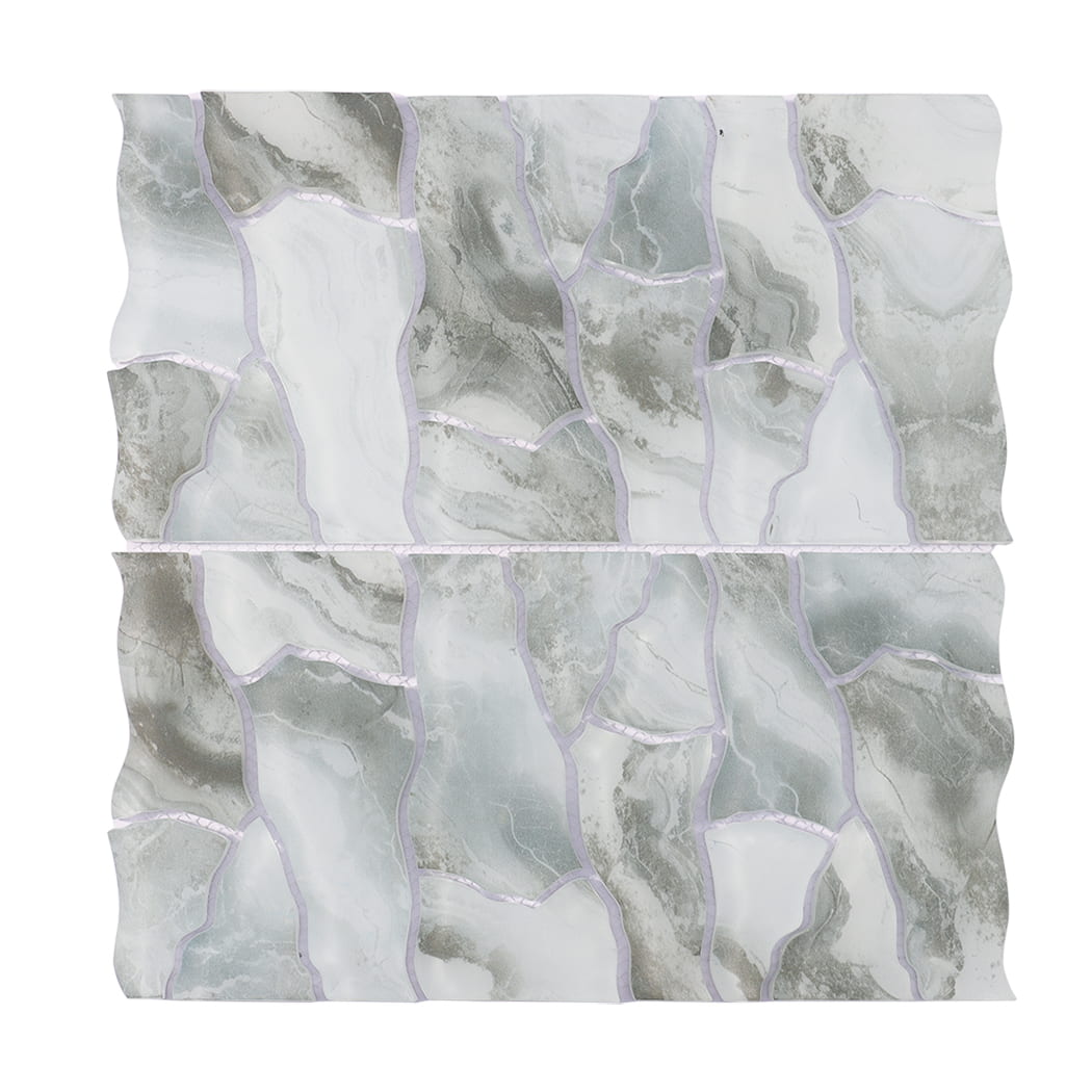 Sage green white irregular glass mosaic tile sheet with soft stone-look patterns
