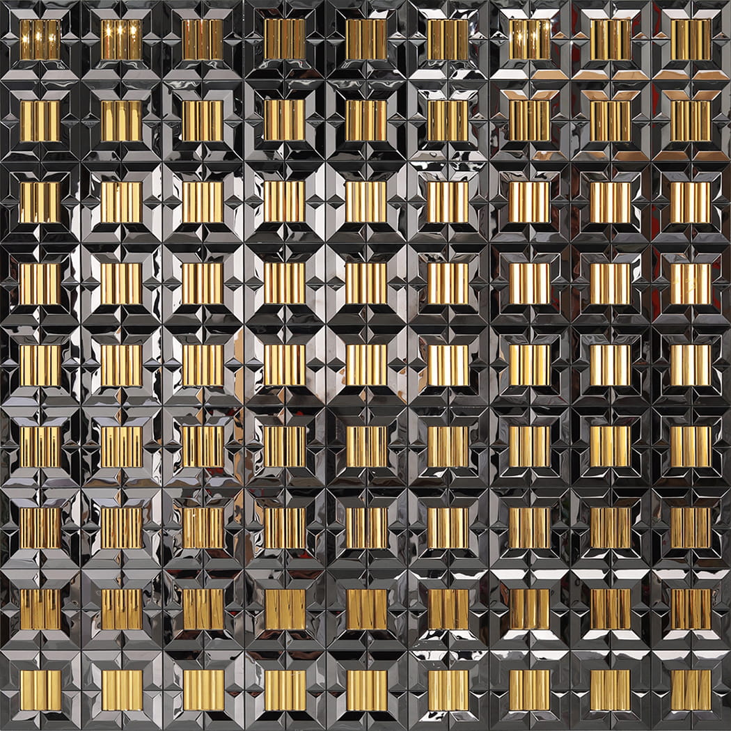 A large area covered in gold and black 3D tiles creating a repetitive luxury pattern.