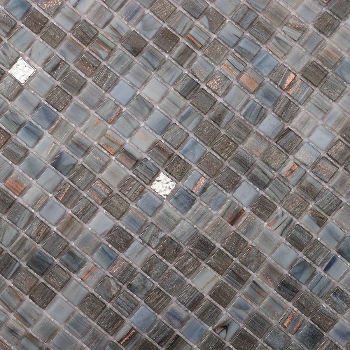 Shimmering glass mosaic tile featuring swirled gray tones and scattered mirrored inserts