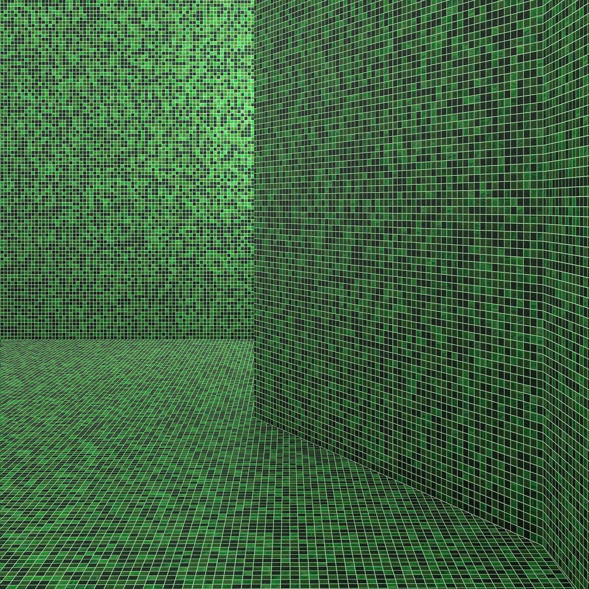 Shower area with green mosaic tiles covering the walls and floor