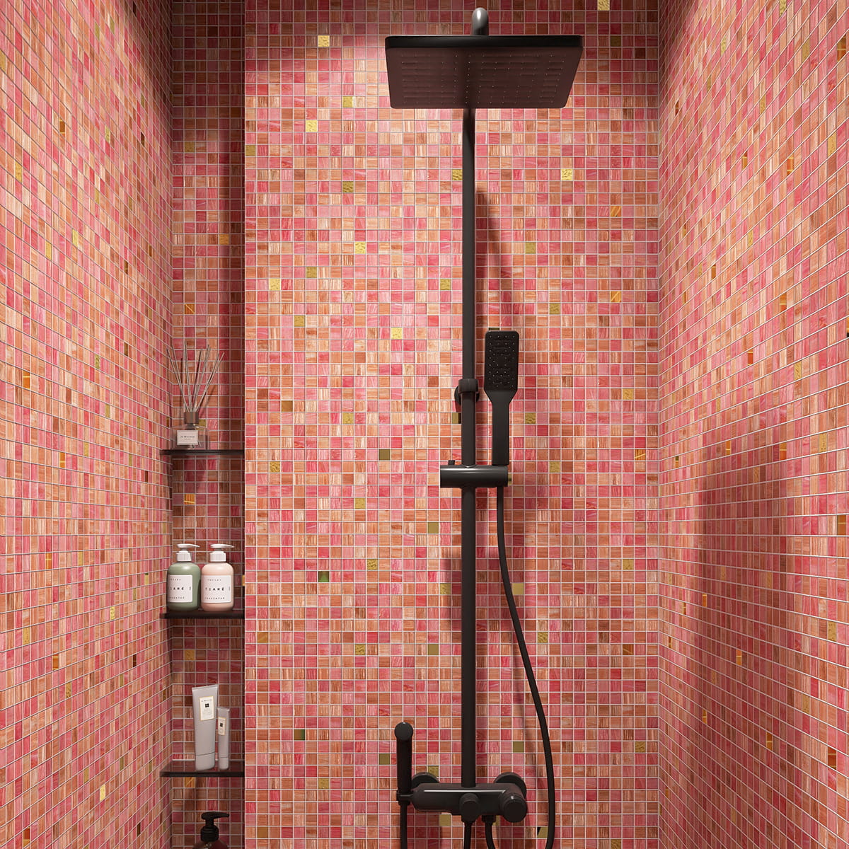 Shower area with pink mosaic tiles and black showerhead