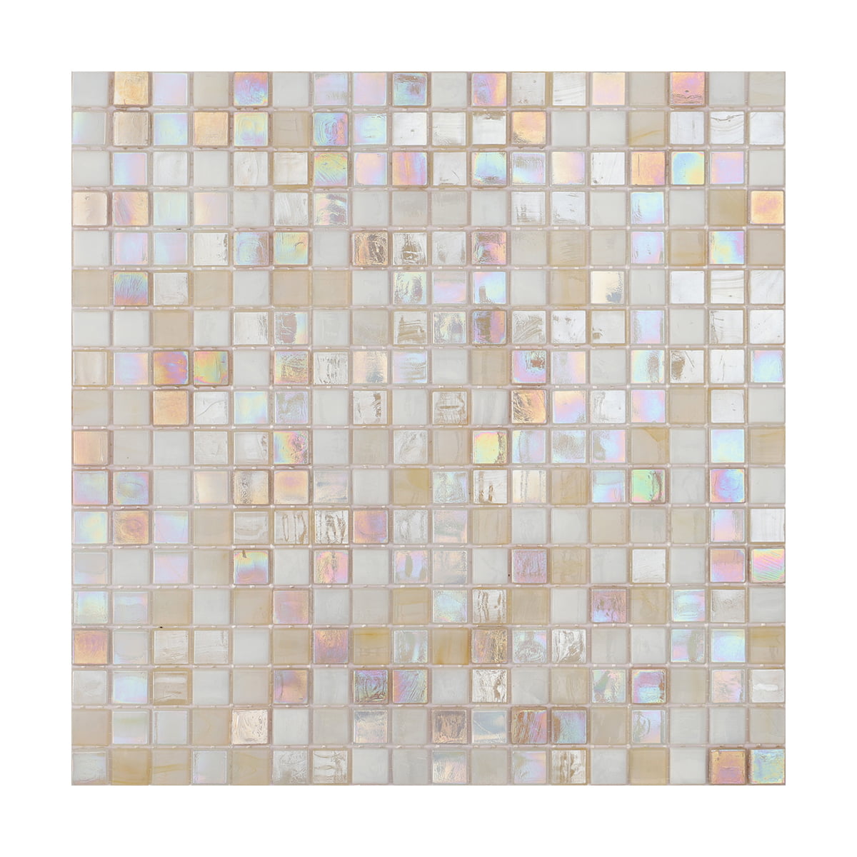 Shower room with light iridescent mosaic tiles and modern fixtures