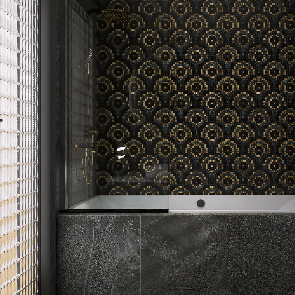 Shower space featuring dark black and gold geometric mosaic wall tiles