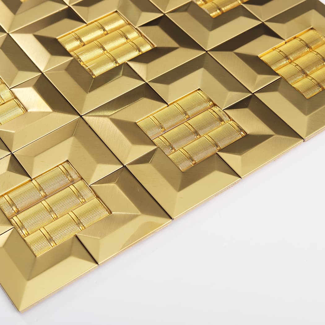 Side perspective of gold 3D tiles showing the raised profile and light reflection