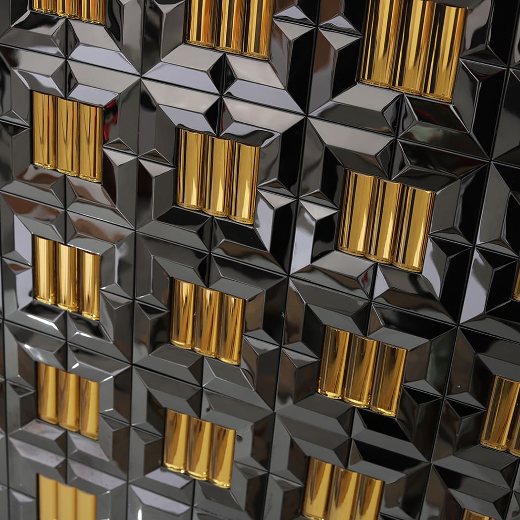 Side angle showing the depth and beveled profile of the decorative mirror wall tiles