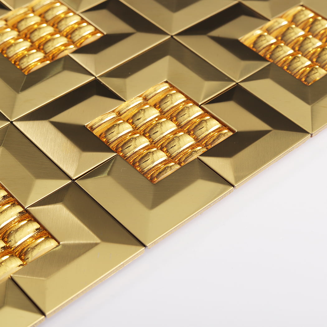 A perspective side view highlighting the 3D depth and thickness of the gold metal mosaic tiles.