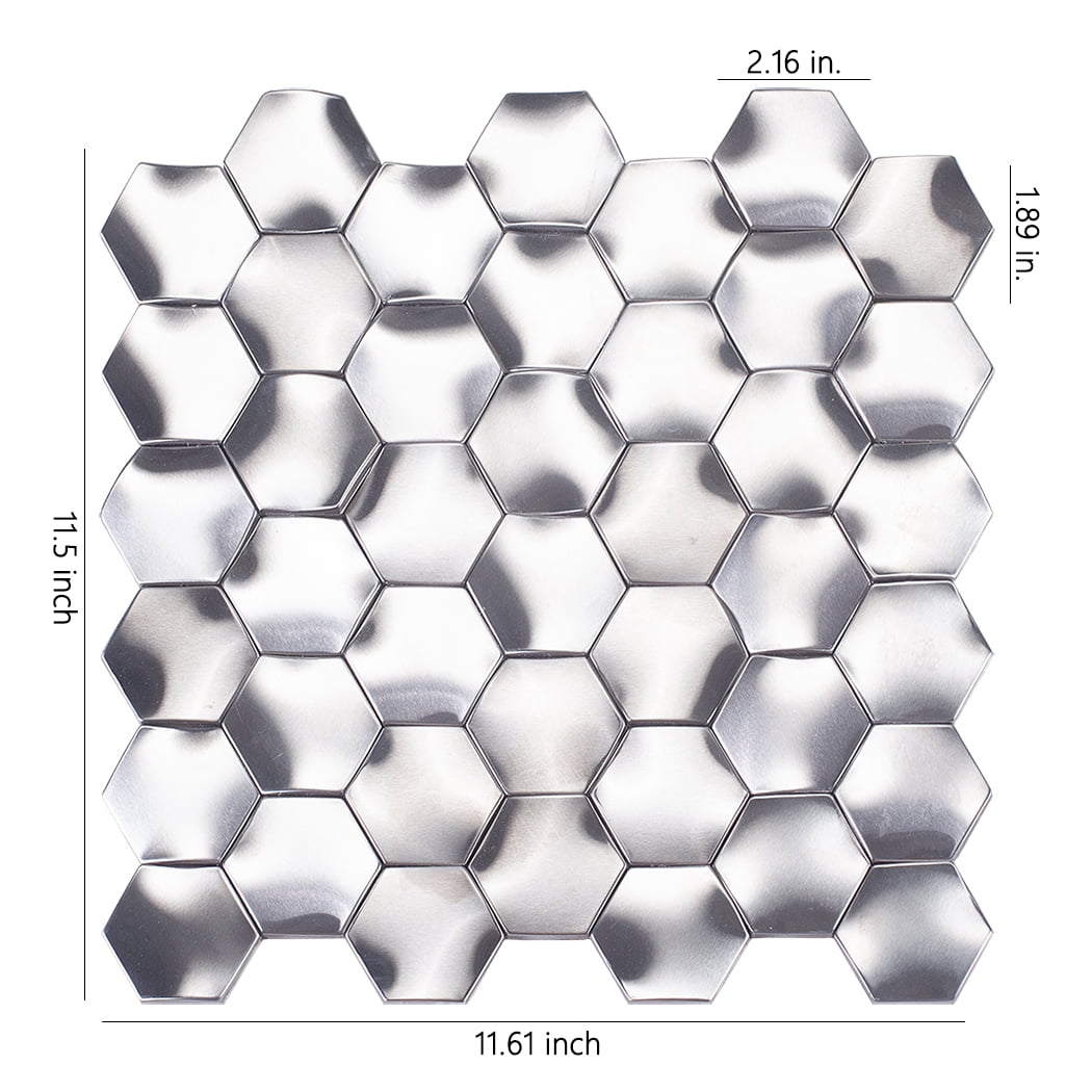 Dimensions of a silver 3D hexagonal stainless steel mosaic tile sheet.
