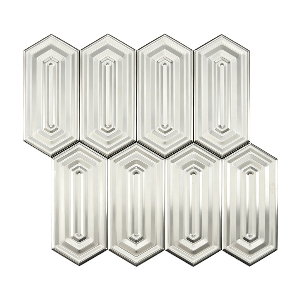 Silver brushed hexagon mosaic full sheet front view on white background