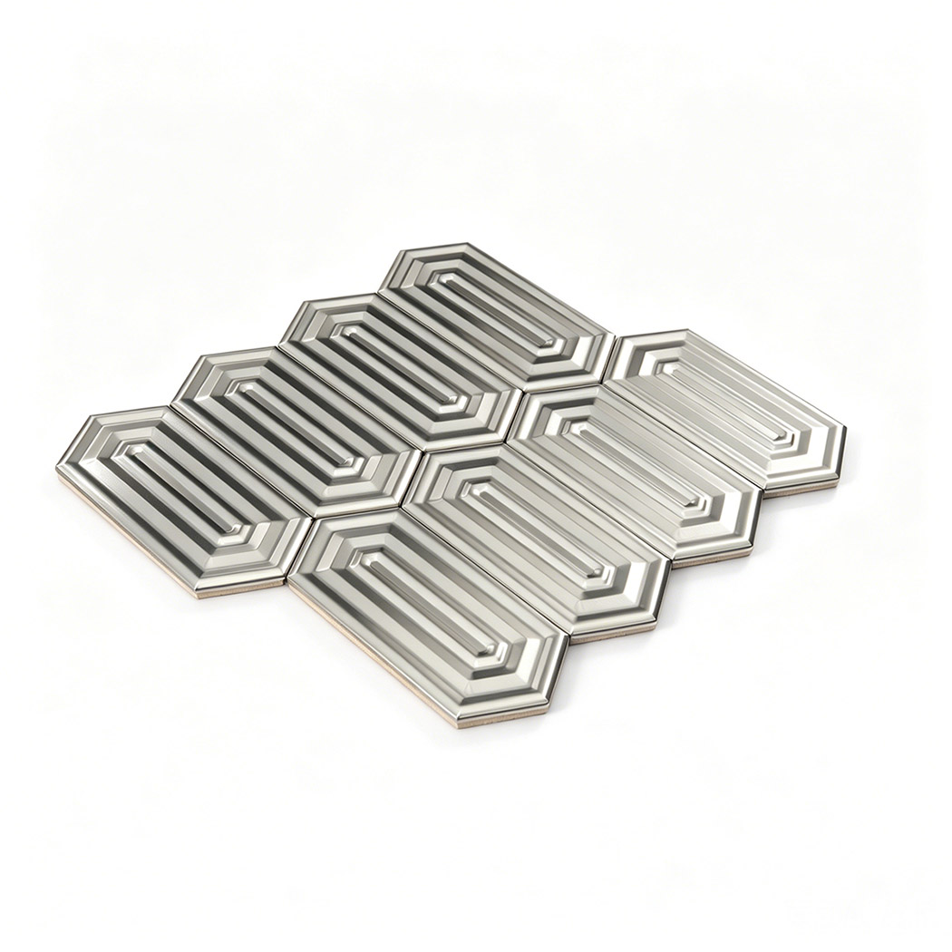 Silver brushed hexagon mosaic sheet showing geometric layout arrangement