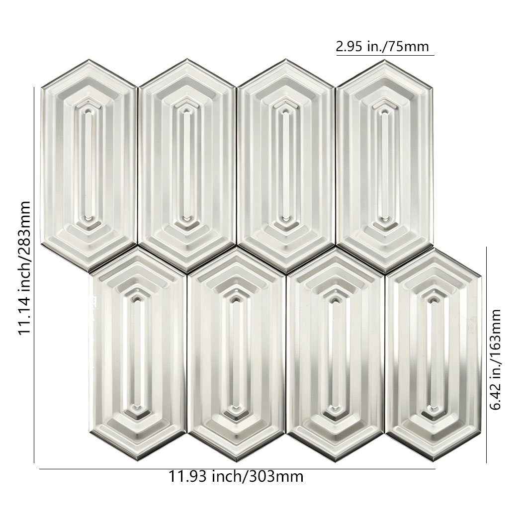 Silver brushed hexagon mosaic sheet with size measurement markings