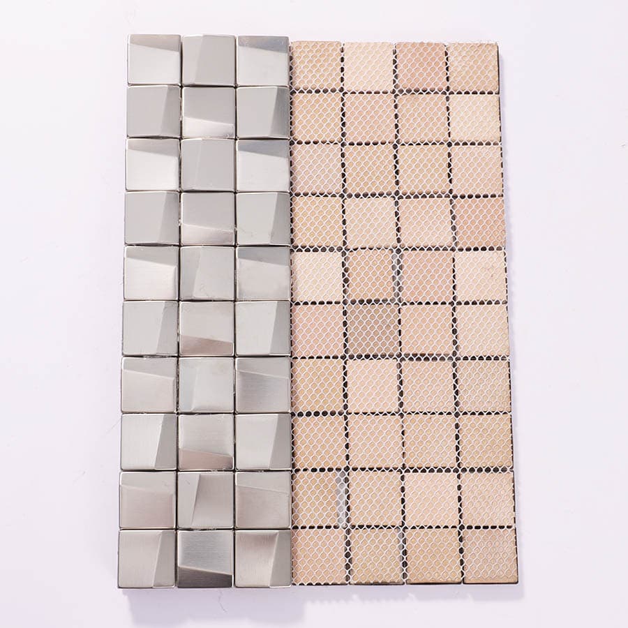 Back view of silver cube 3D stainless steel mosaic tile with mesh