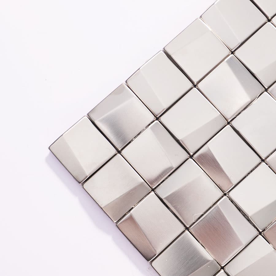 Corner close up of silver cube 3D stainless steel mosaic tile