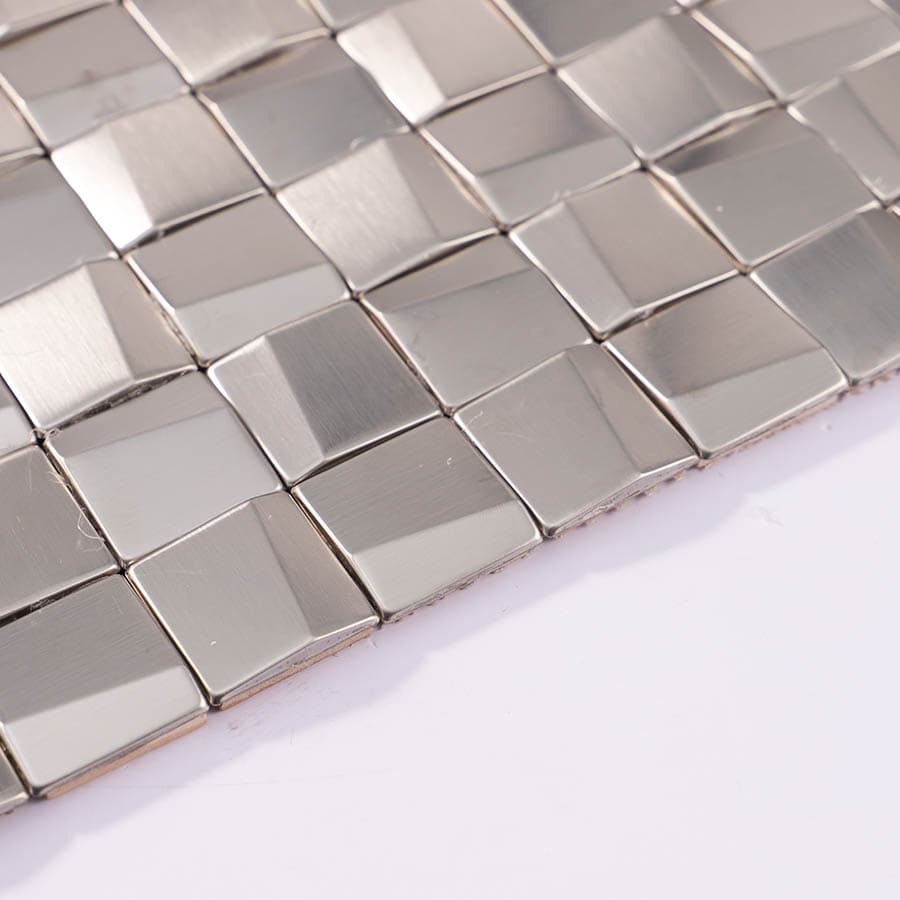 Edge close up of silver cube 3D stainless steel mosaic tile