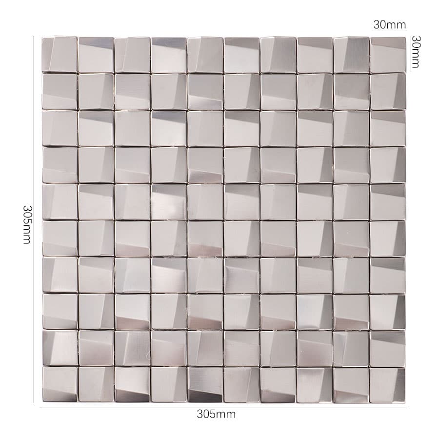 Silver cube 3D stainless steel mosaic tile with size measurements