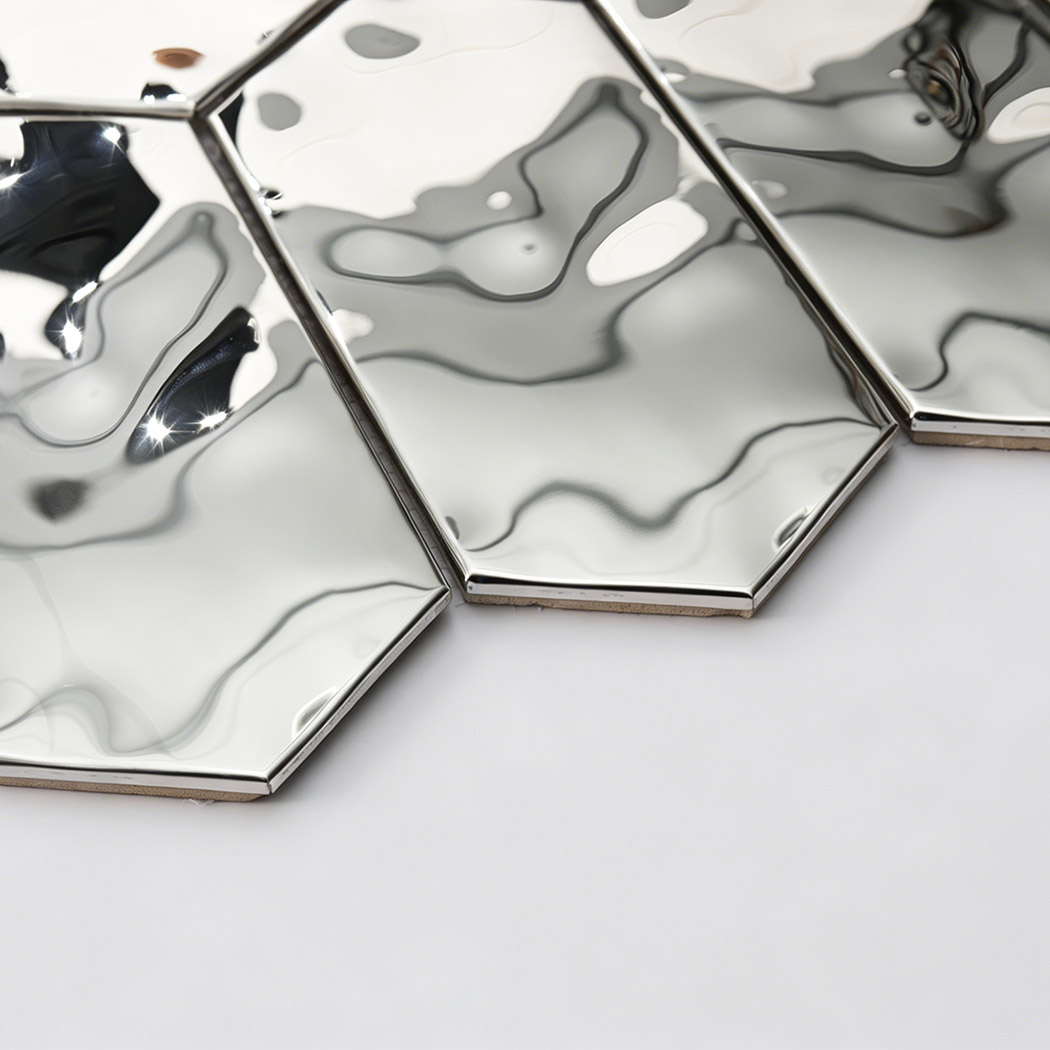 Silver hexagon stainless steel mosaic tiles angled view with glossy finish