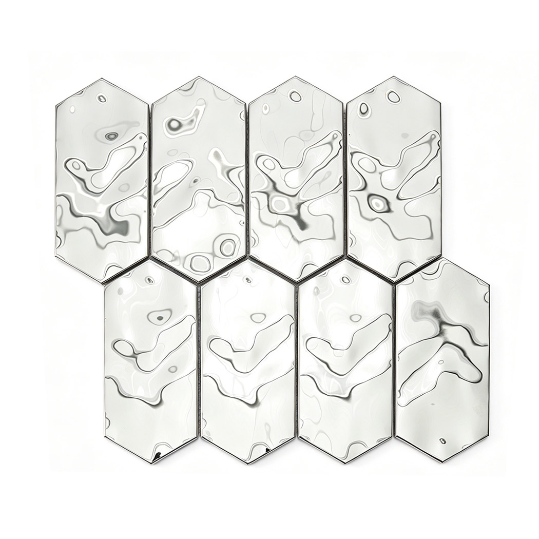 Silver hexagon stainless steel mosaic sheet with size markings on display