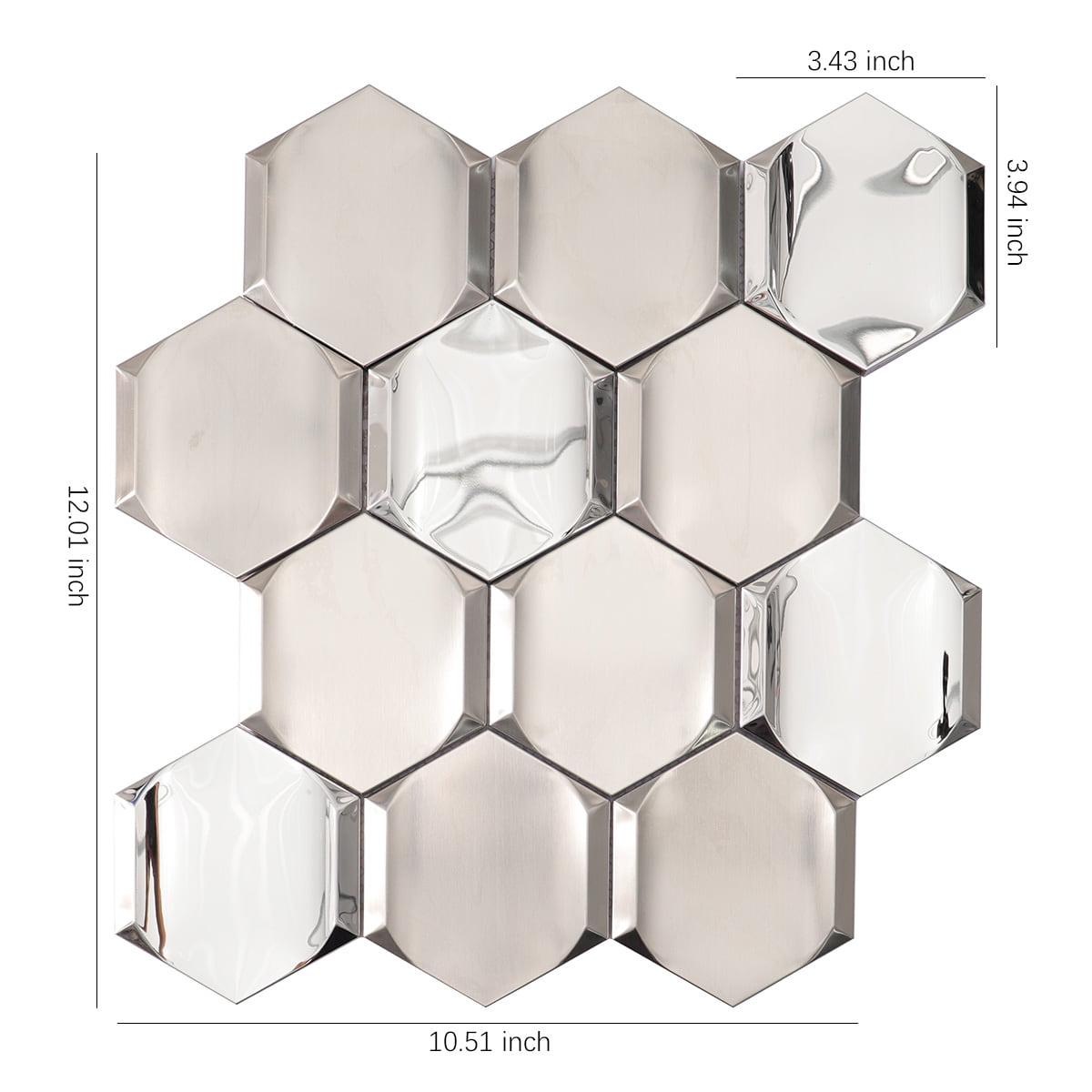 Silver hexagon stainless steel mosaic tile sheet with dimensions in inches.