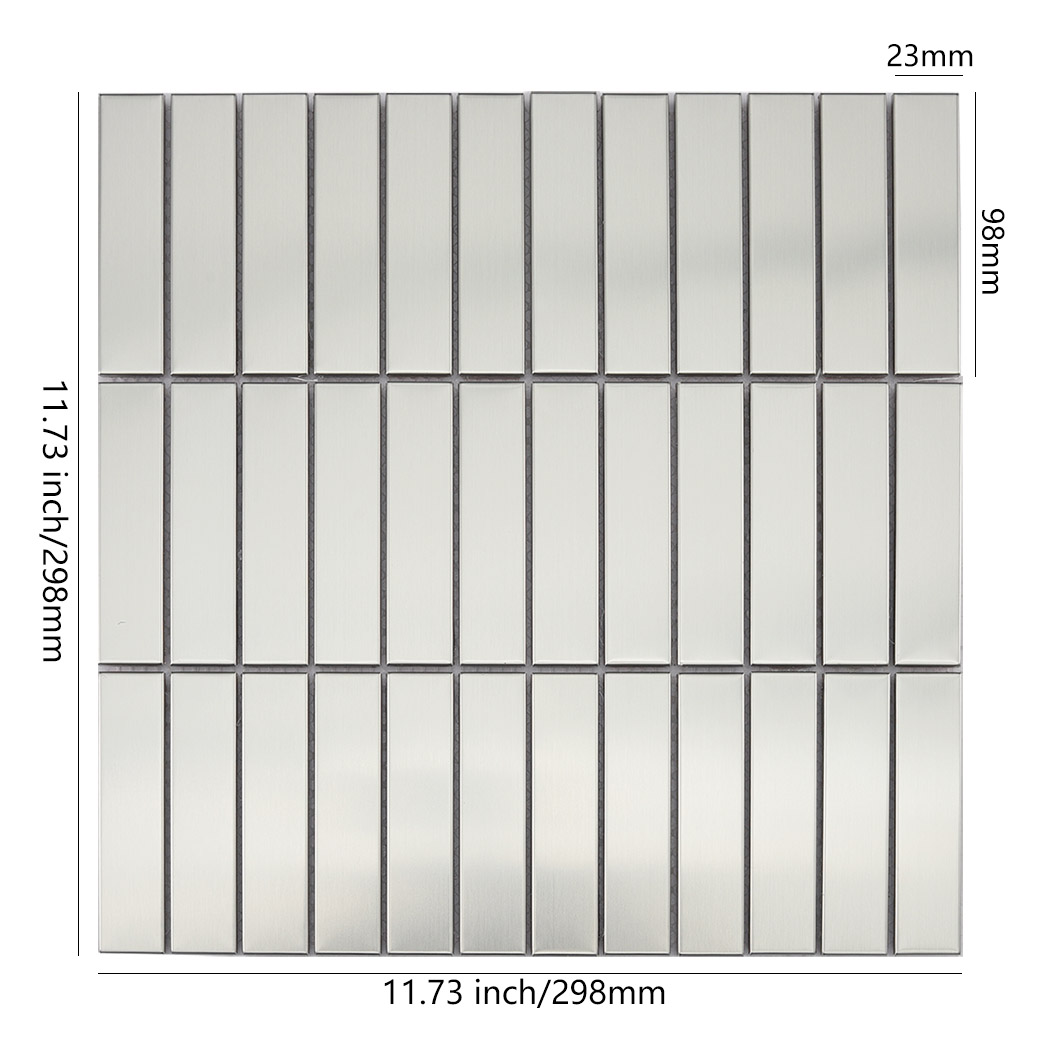 Silver linear mosaic tile sheet with 23 x 98 mm rectangular pieces