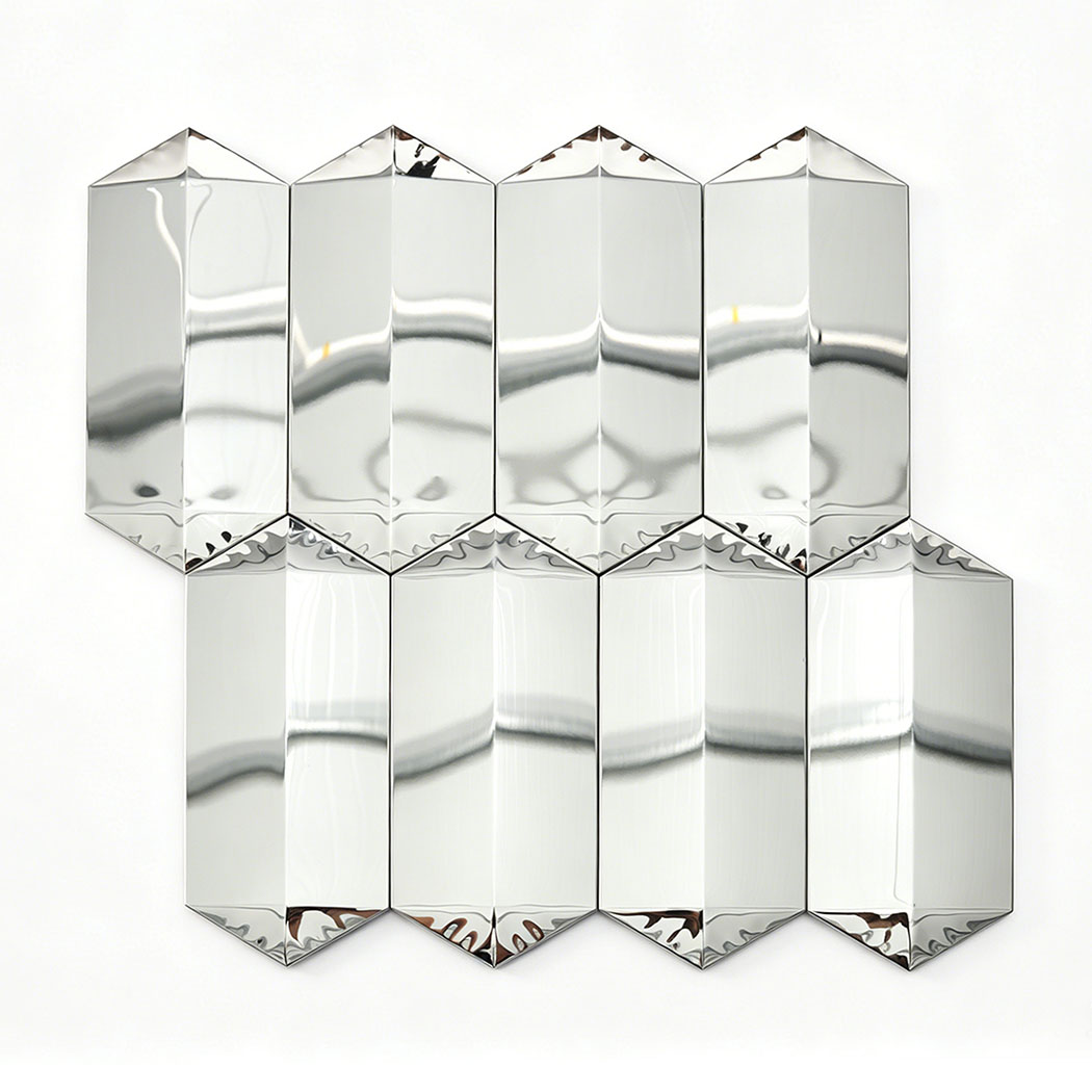 Silver mirror long picket mosaic tile sheet with glossy beveled surface