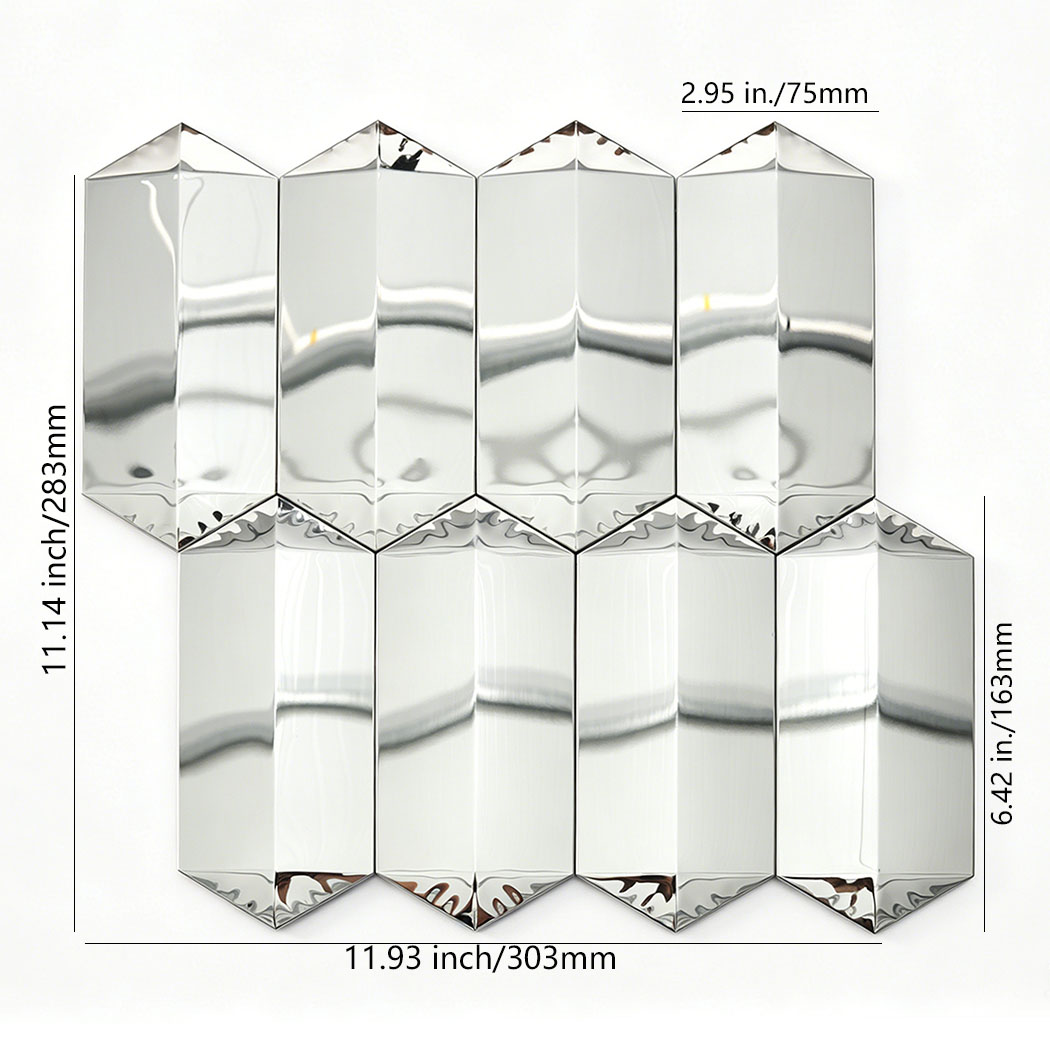 Silver mirror picket mosaic tile sheet with size measurements on white background