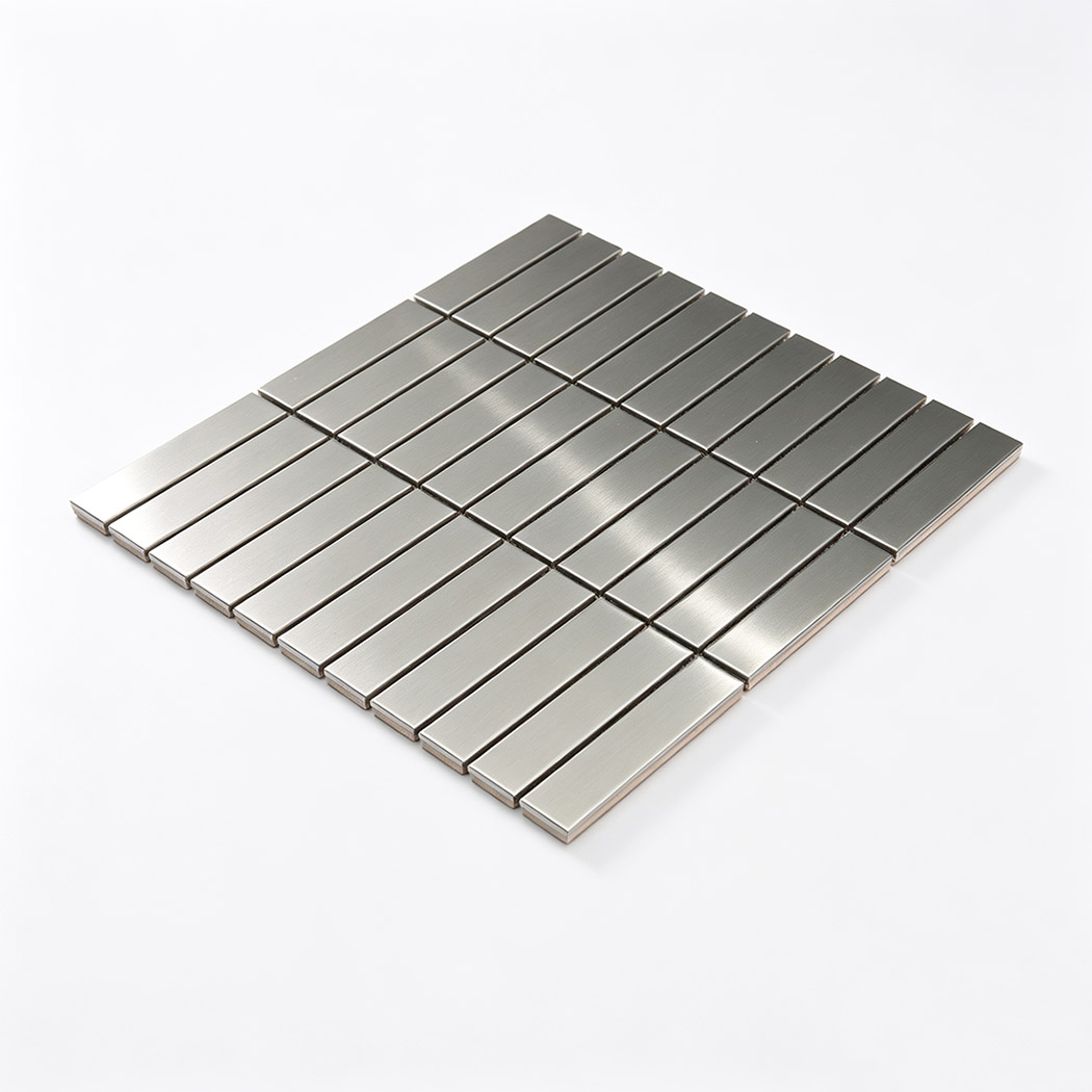 Angled view of silver mosaic tile shower wall sheets