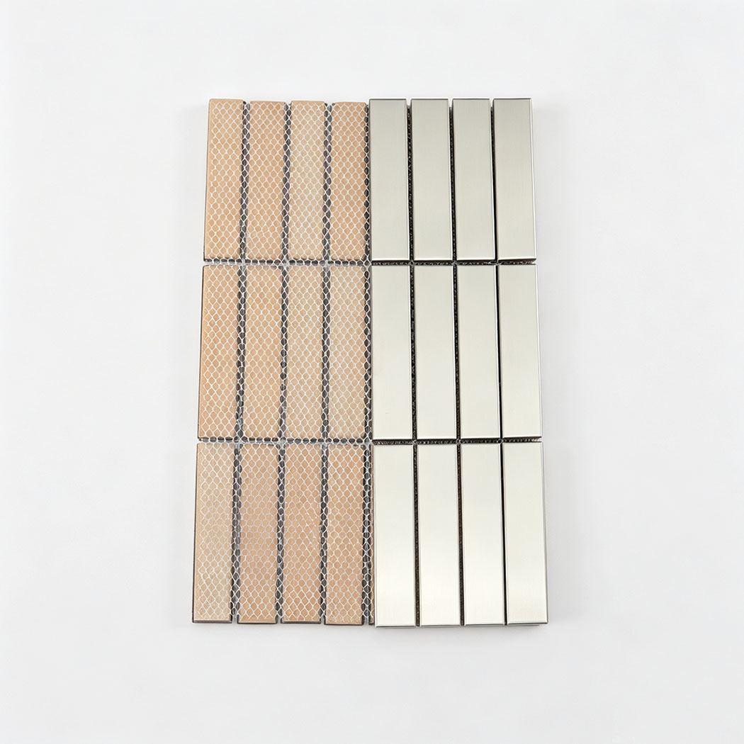 Back view of silver mosaic wall tiles with mesh mounting