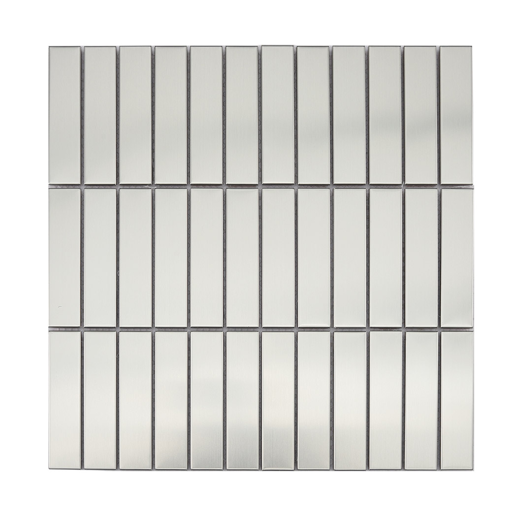 Silver mosaic wall tiles in a modern linear rectangular pattern