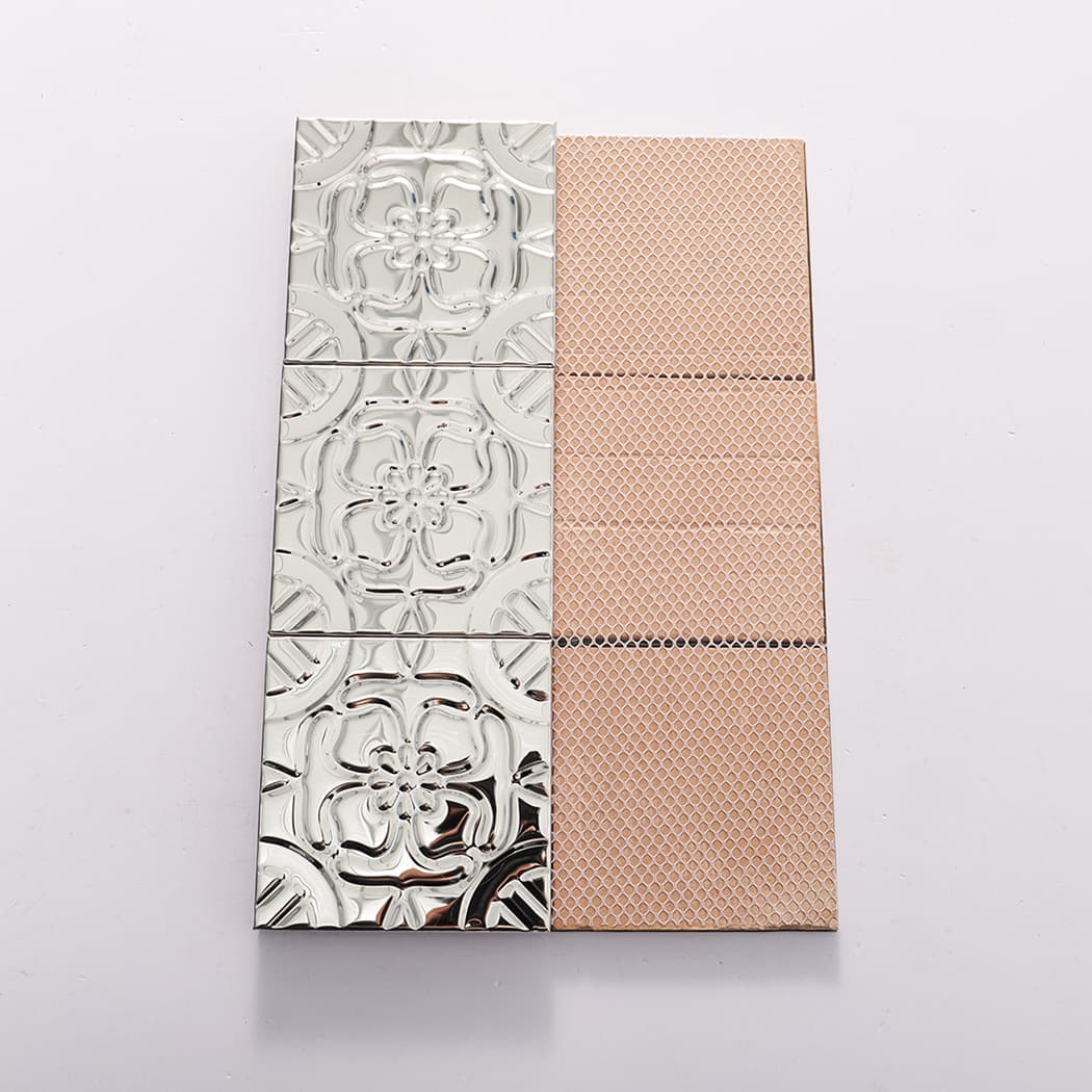 Front and back view of silver stainless steel embossed mosaic tiles with mesh backing