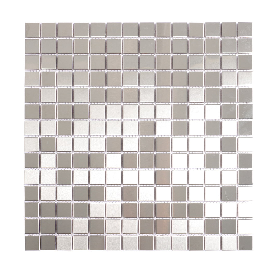 Front view of silver stainless steel square mosaic tile sheet.