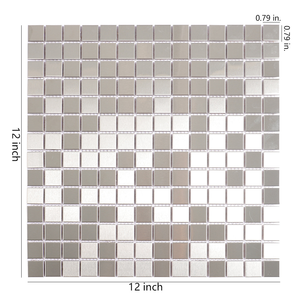 Silver stainless steel square mosaic tile with size details shown in inches.