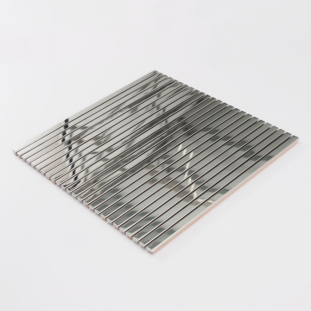 Angled view of silver stainless steel pencil tile sheet