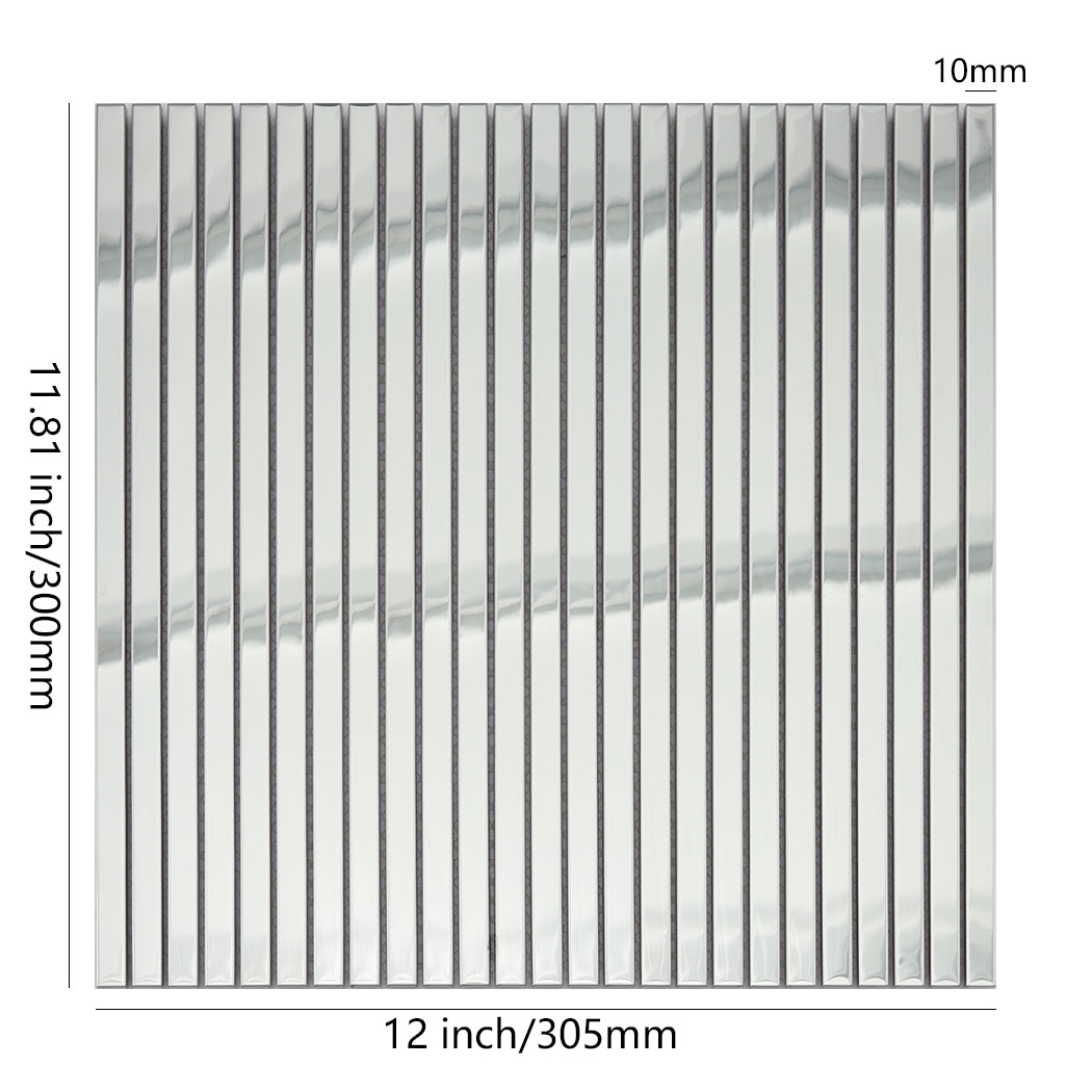 Silver stainless steel pencil tile sheet with 12 by 11.81 inch dimensions