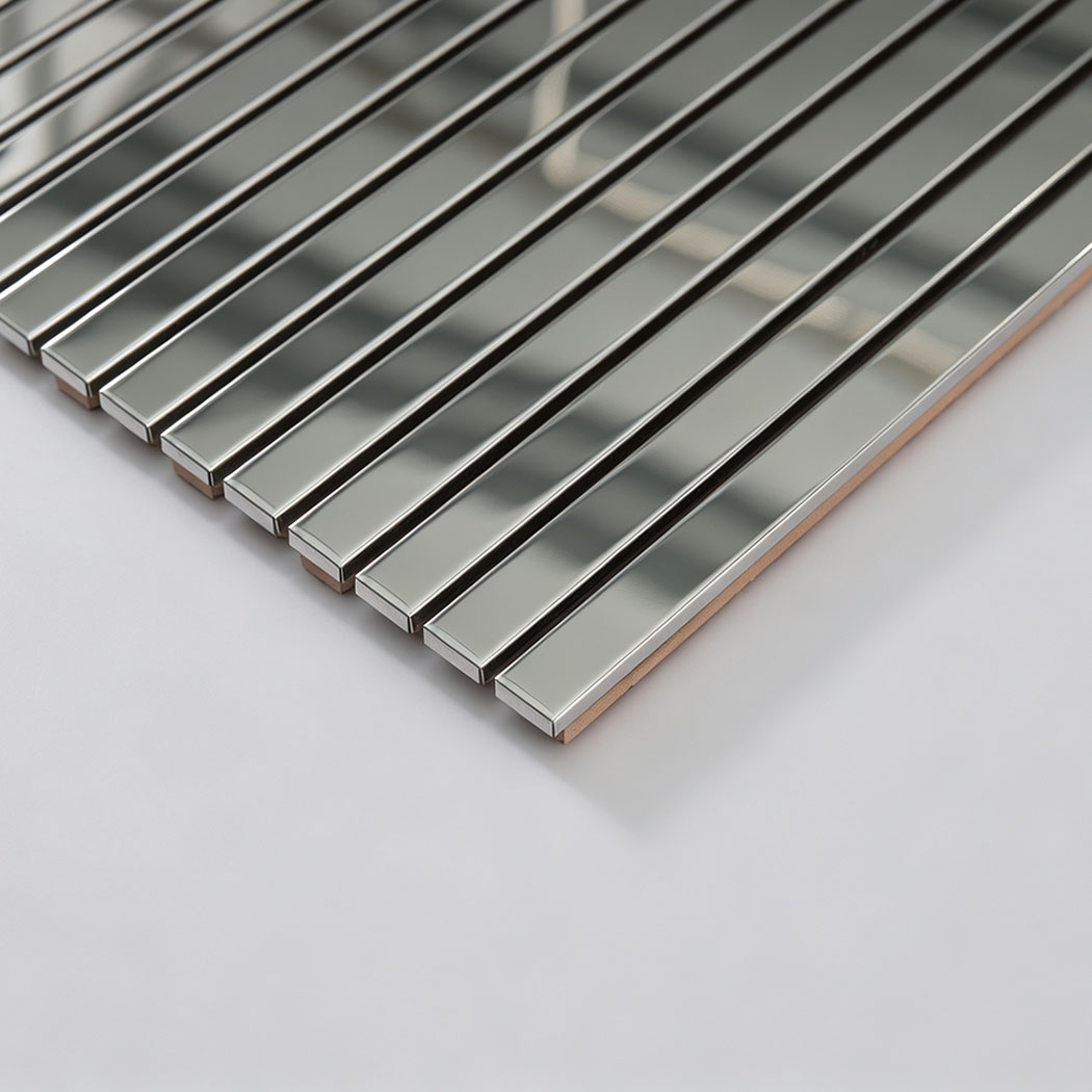 Edge detail of silver stainless steel pencil tile sheet
