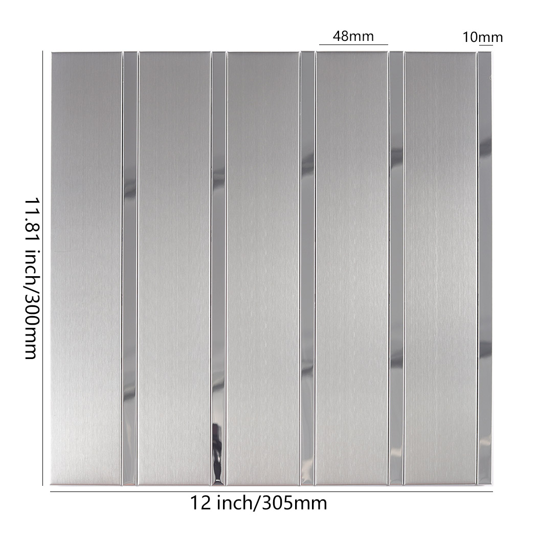 Silver stainless steel striped tile sheet with size markings
