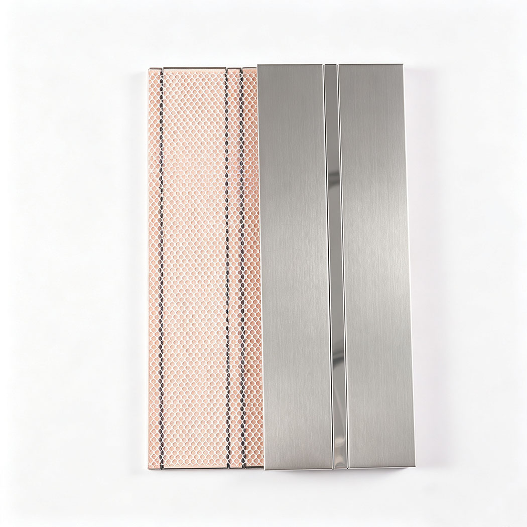 Back view showing mesh backing on a silver stainless steel tile sheet