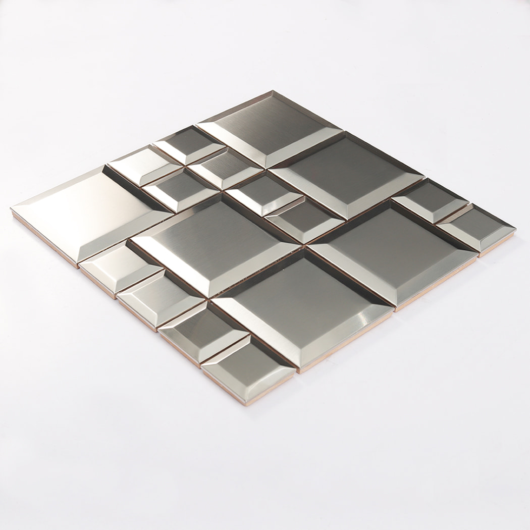 Angled display of silver brushed metal modular mosaic tile
