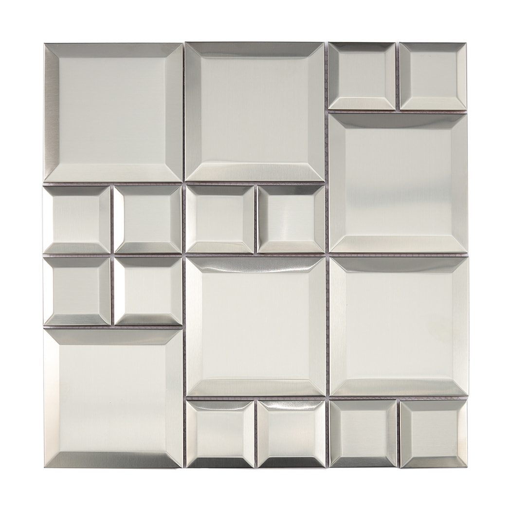 Silver brushed metal modular mosaic tile with mixed square sizes