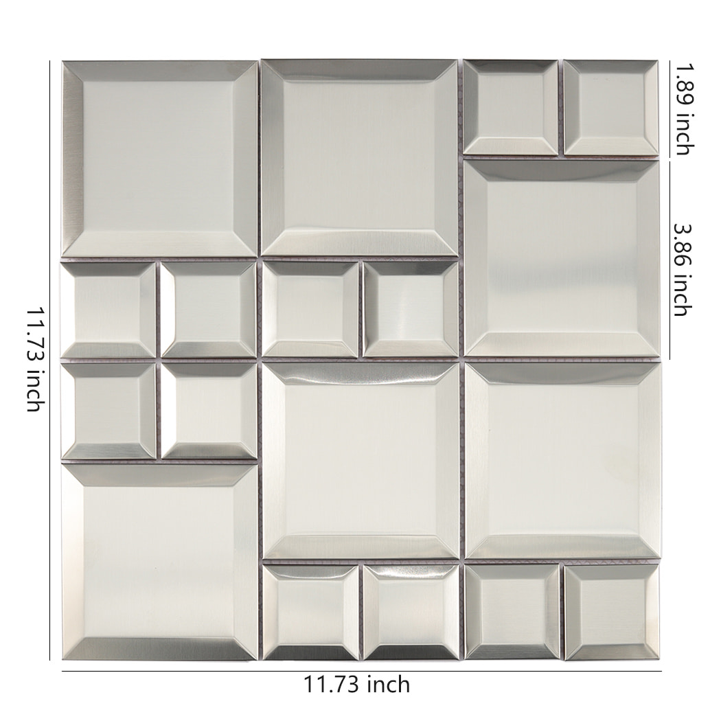 Silver brushed stainless steel modular mosaic tile full sheet view