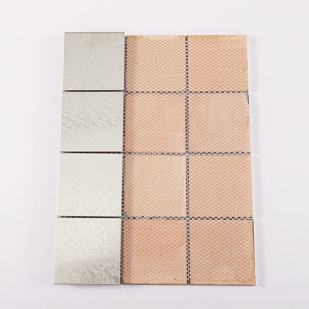 Front and back view showing stainless steel metal mosaic tiles and beige mesh backing.