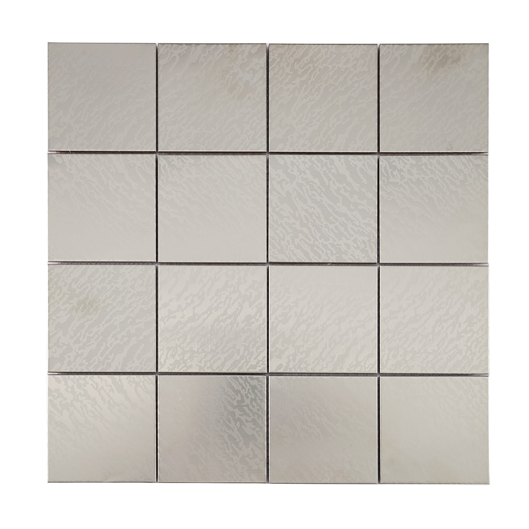 Front view of silver brushed square stainless steel metal mosaic tile sheet