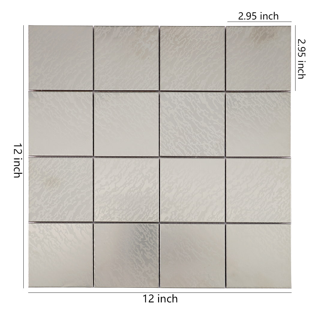 Size diagram of silver brushed square stainless steel metal mosaic tile sheet with inch labels.