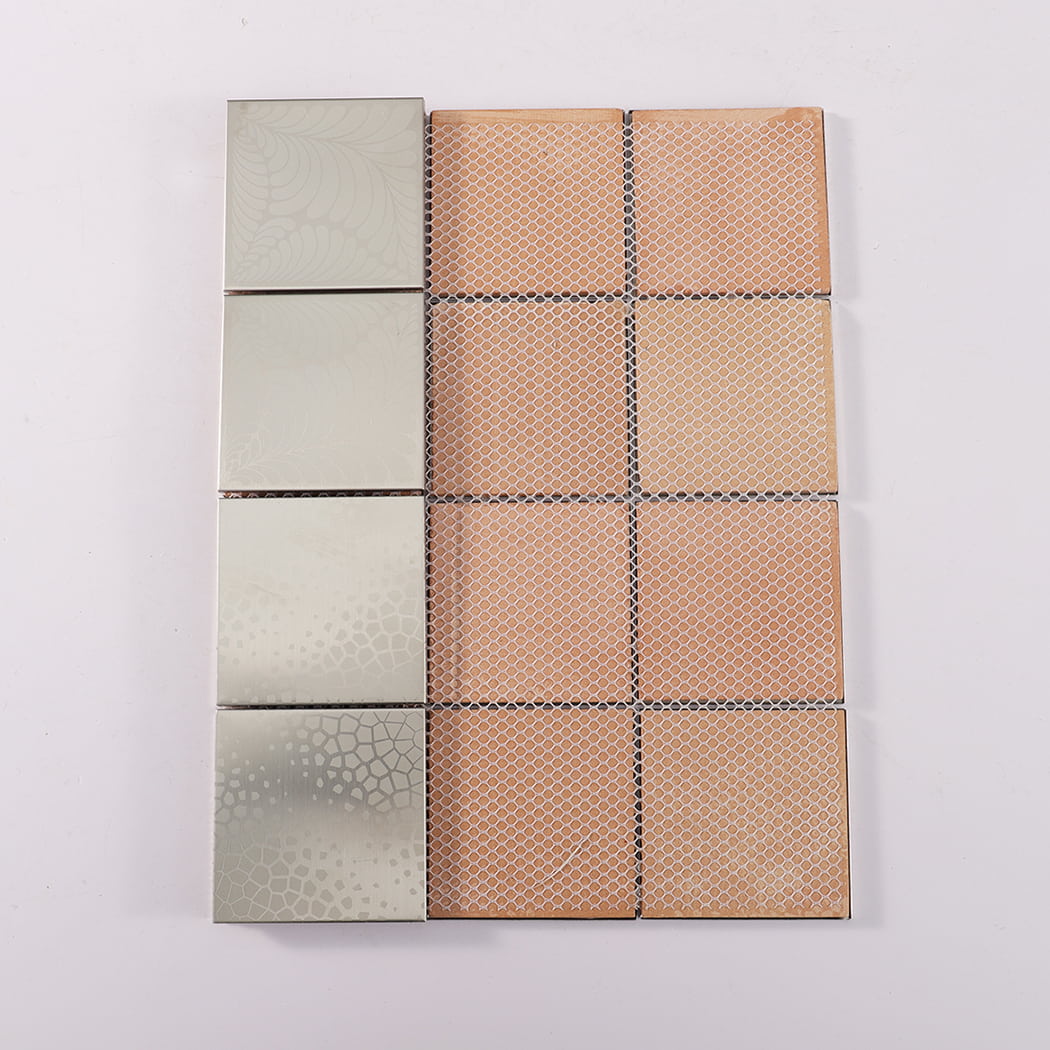 Front and back view showing etched stainless steel tiles and beige mesh backing.