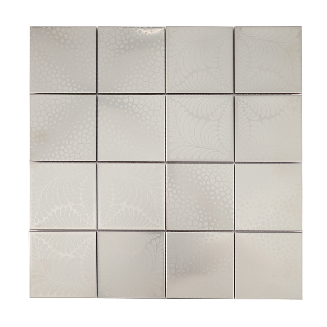 Front view of silver brushed square stainless steel mosaic tile sheet with mixed etched patterns.