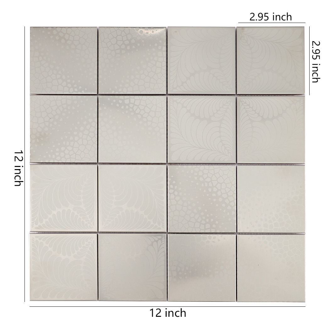Size diagram of silver brushed square stainless steel mosaic tile sheet with inch