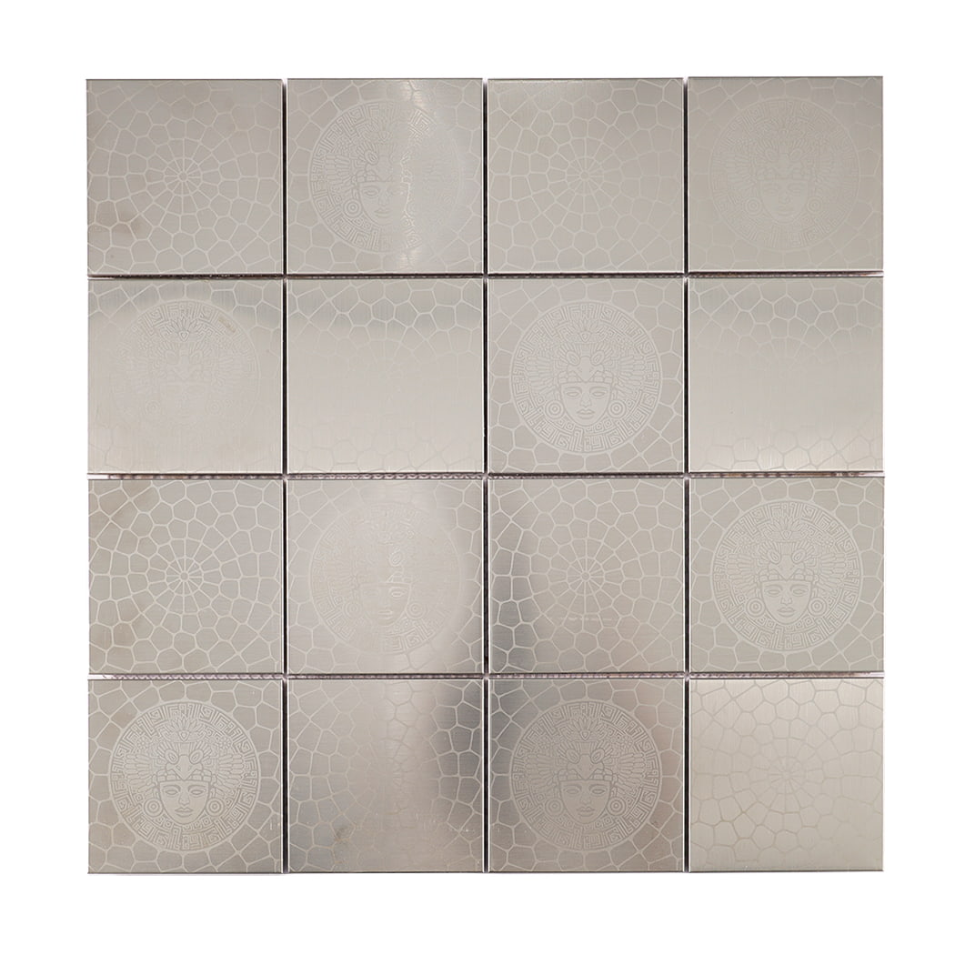 Front view of silver brushed square stainless steel mosaic tile sheet with etched patterns.