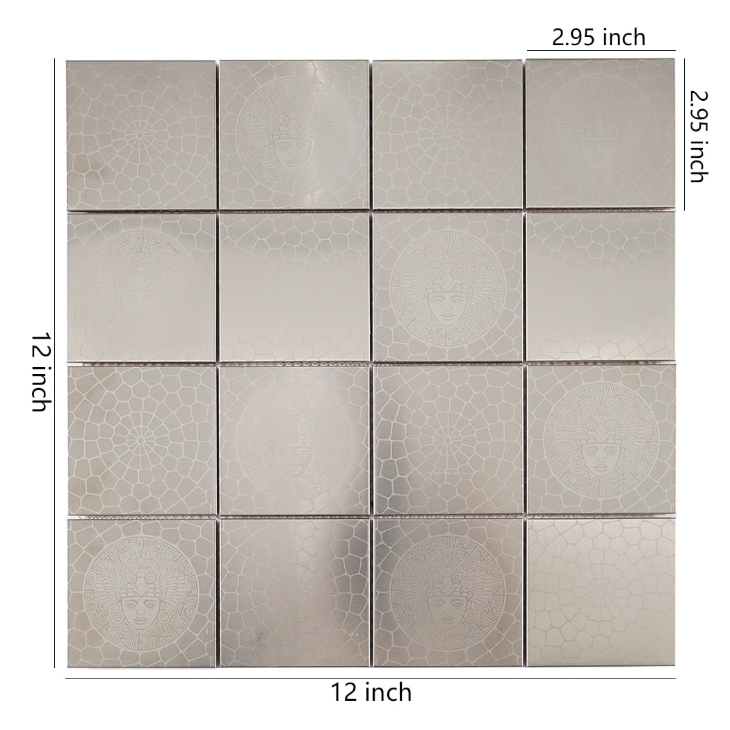 Size diagram of silver brushed square stainless steel mosaic tile sheet with inch labels.