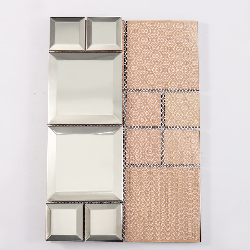 Back view of silver brushed stainless steel mosaic tile with mesh backing